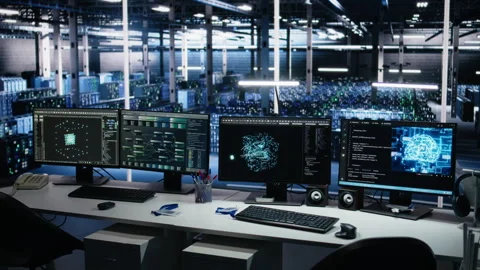 Data center computers showing neural network visualization and code Stock Footage 313639325