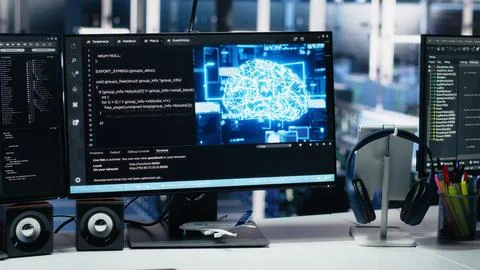 Data center computers showing neural network visualization and code Foto stock