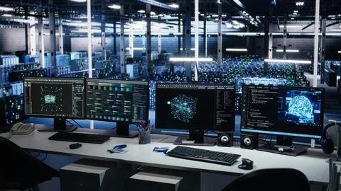 Data center computers showing neural network visualization and code Foto stock