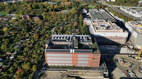 Data center, computing, hyperscaler servers. Dramatic aerial view flight drone Video stock 319827633