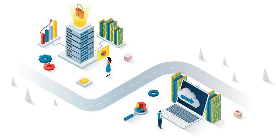 Data center concept 3d isometric web banner. Vector illustration 스톡 일러스트