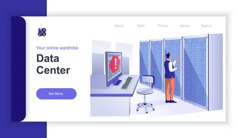 Data center concept 3d isometric web banner with people scene. Engineer Stock Illustration