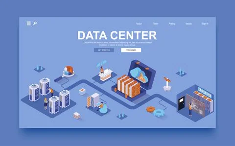 Data center concept 3d isometric landing page template. People control and .. Stock Illustration