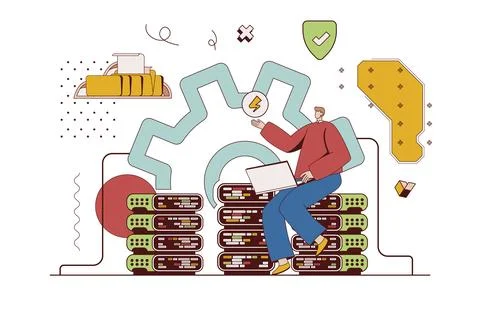 Data center concept with character situation in flat design. Man works as tec イラスト素材