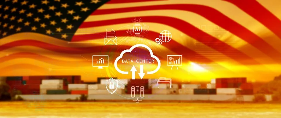 Data center concept. Digital technology, data processing and engineering, c.. Illustrazione stock