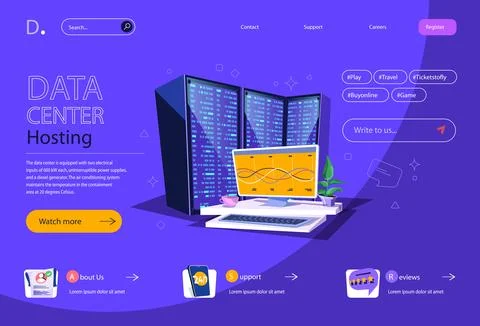 Data center concept in flat cartoon design for homepage layout. Data proces.. Stock Illustration