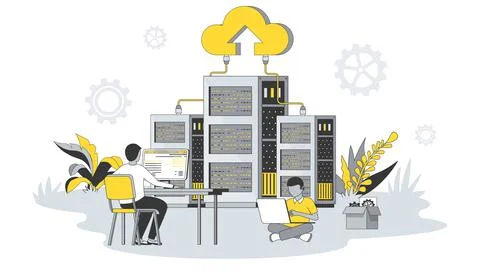 Data center concept in flat design with people. Men maintain hardware in server Illustrazione stock