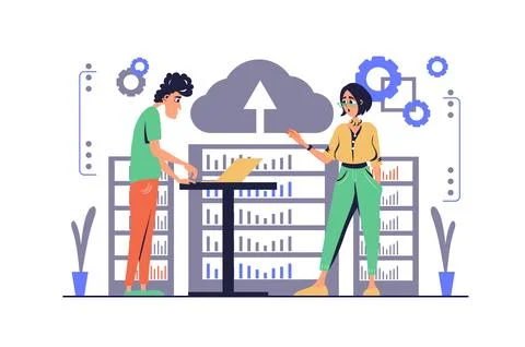 Data center concept in modern flat cartoon design for web. Man and woman work Stock Illustration