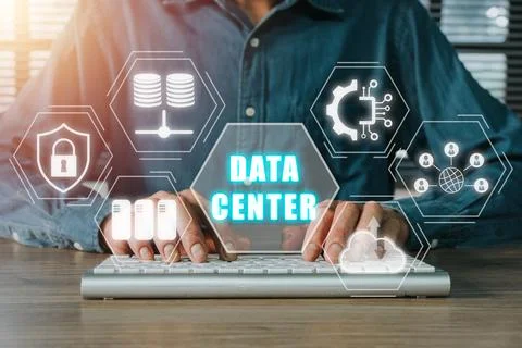 Data Center concept, Person hand typing on keyboard computer with data cent.. Stock Photos
