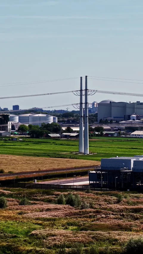 Data center construction and high voltage power lines in Groningen, Netherlands Stock Footage 344524936