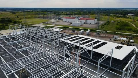 Data center construction with cooling systems and electrical substation Stockfoto's