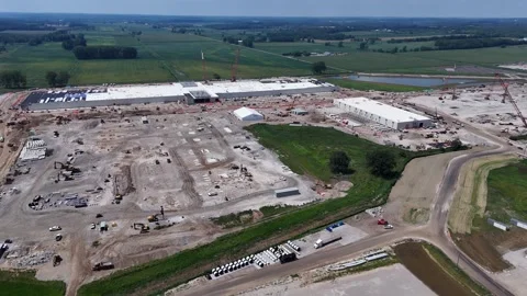 Data center construction process near Saline, Michigan in USA - wide aerial view Stock Footage 348193466