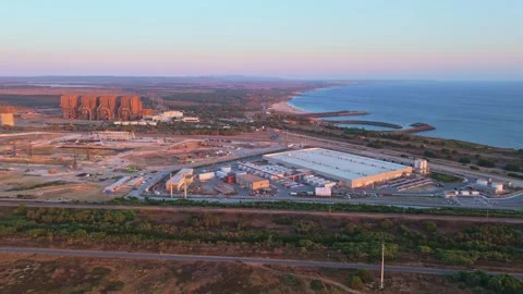 Data center construction site on coast of Portugal at Sunset. Aerial View Stock Footage 341150441