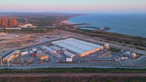 Data center construction site on coast of Portugal at Sunset. Aerial View Stock Footage 341150465