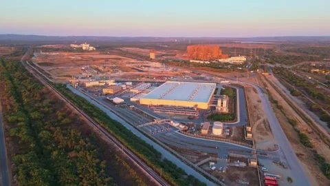 Data center construction site on coast of Portugal at Sunset. Aerial View Stock Footage 341150519