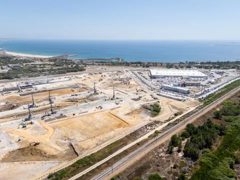 Data center construction site on coast of Portugal. Aerial View Stock Photos