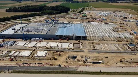 Data center construction site with an open steel roof frame Stock Photos