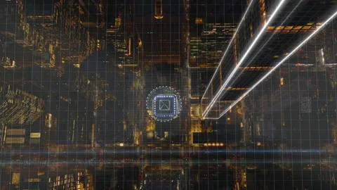 Data center controlling information in a illuminated city - 3d render 動画素材 168217666