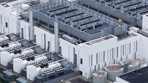 Data Center Cooling and Backup Generators Berlin Aerial View Stock Footage 324882715