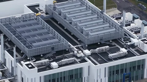 Data Center Cooling and Backup Generators Berlin Aerial Close Up Stock Footage 324882735