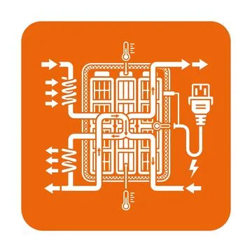 Data center cooling system with pipes and usb connection orange icon. Stock Illustration