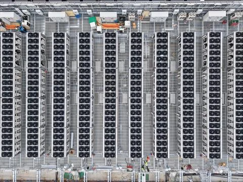 Data center cooling system units aerial view Stock Photos