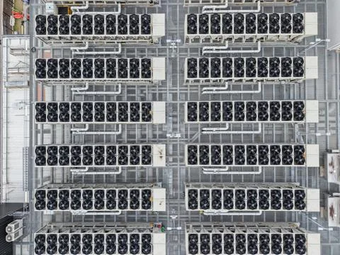 Data center cooling system units on rooftop structure Stock Photos