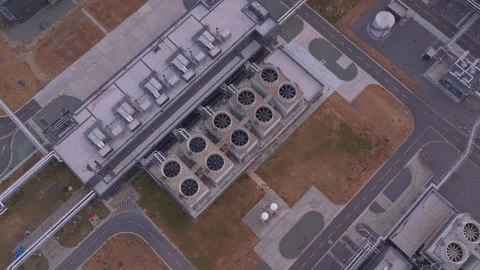 Data center cooling towers aerial view in belgium Vídeos de archivo 342812890