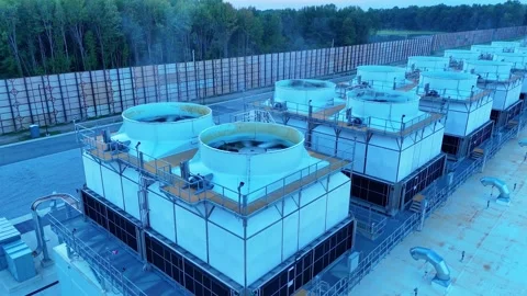 Data center cooling towers system releasing steam in New Albany, Ohio Stock Footage 346654710
