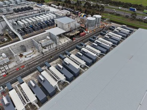 Data center cooling units and server infrastructure aerial view Stock Photos