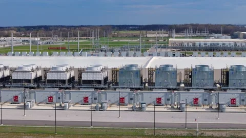 Data center cooling units with fans, supporting digital infrastructure and Stock Footage 336801335
