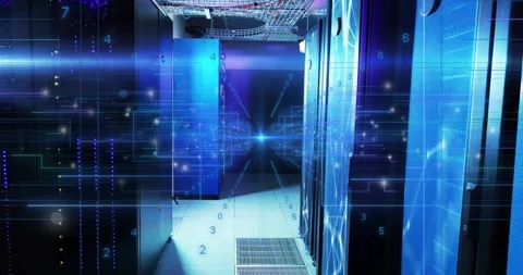 Data center corridor being visualized in 3D render, with glowing server racks 動画素材 307438744