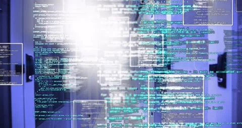 Data-center corridor between server racks launching code windows sliding from Stock Footage 317265067