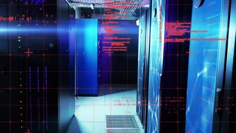 Data center corridor centering view, scanline sweep red code overlay revealing Stock Footage 333901269
