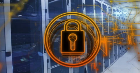 Data center corridor displaying glowing padlock icon hovering over server racks Stock Footage 309145328