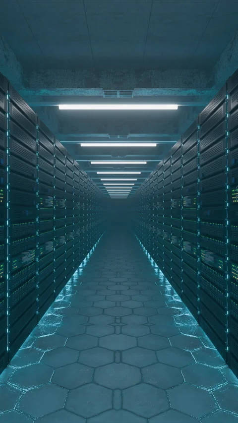 Data Center Corridor With Glowing Floor and Server Racks on Both Sides Stock Footage 316892213