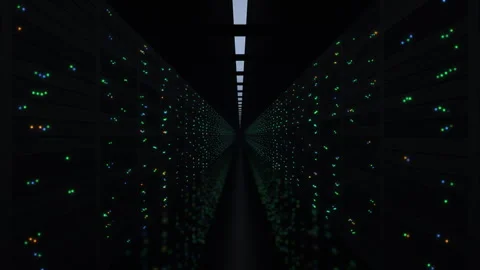 Data center corridor with server racks and blinking status lights, 4K loop Видео 347852632
