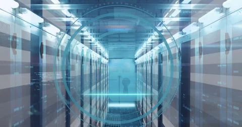Data center corridor with server racks lining floor under cool blue lighting, Stock Photos