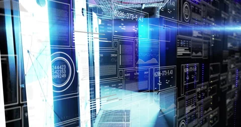 Data center corridor showcasing glowing servers, with floating digital data Stock Footage 309111429
