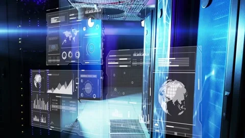 Data center corridor showing HUDs and racks, telemetry updating, charts Stock Footage 332591905