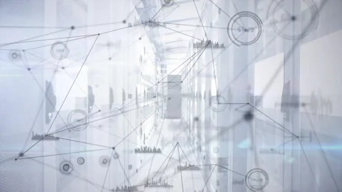 Data center corridor showing server rack icons, network nodes and bar charts in Stock Footage 309103125