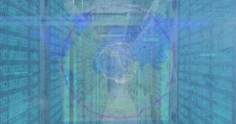 Data center corridor showing server racks streaming data and glowing AI symbol Stockfoto's