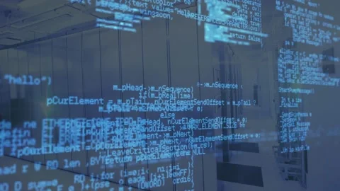 Data center corridor starting floating code appearing scrolling through buffers Stock Footage 317369247
