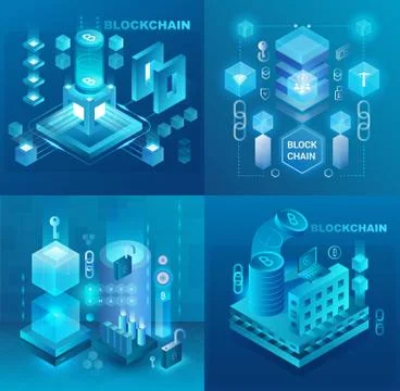 Data center, cryptocurrency and blockchain technology market isometric vector Stock Illustration