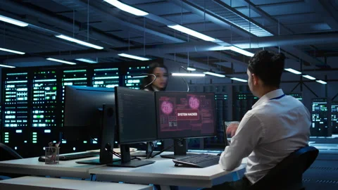 Data center cybersecurity division teamworking colleagues fighting virus Stock Footage 280718704