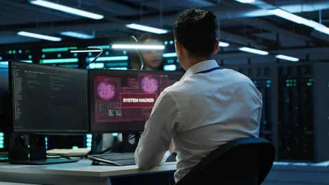 Data center cybersecurity division teamworking colleagues fighting virus Stock Footage 280719290
