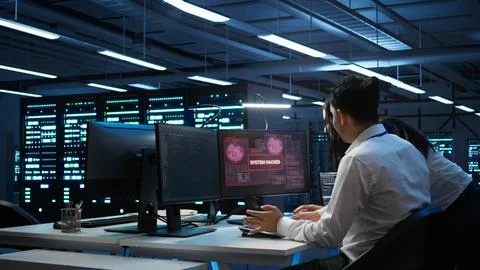 Data center cybersecurity division teamworking colleagues fighting virus Stock Photos