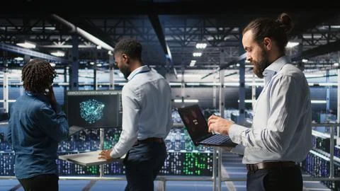 Data center developer frustrated by critical error affecting laptop Stock Photos