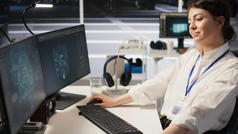 Data center developer thinking how to improve AI, pleased with result Stock Photos