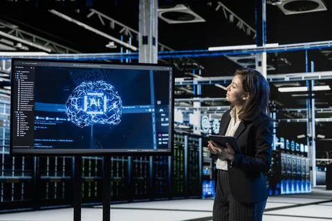 Data center developer using AI to do cloud computing, VFX compositing overlay Stockfoto's